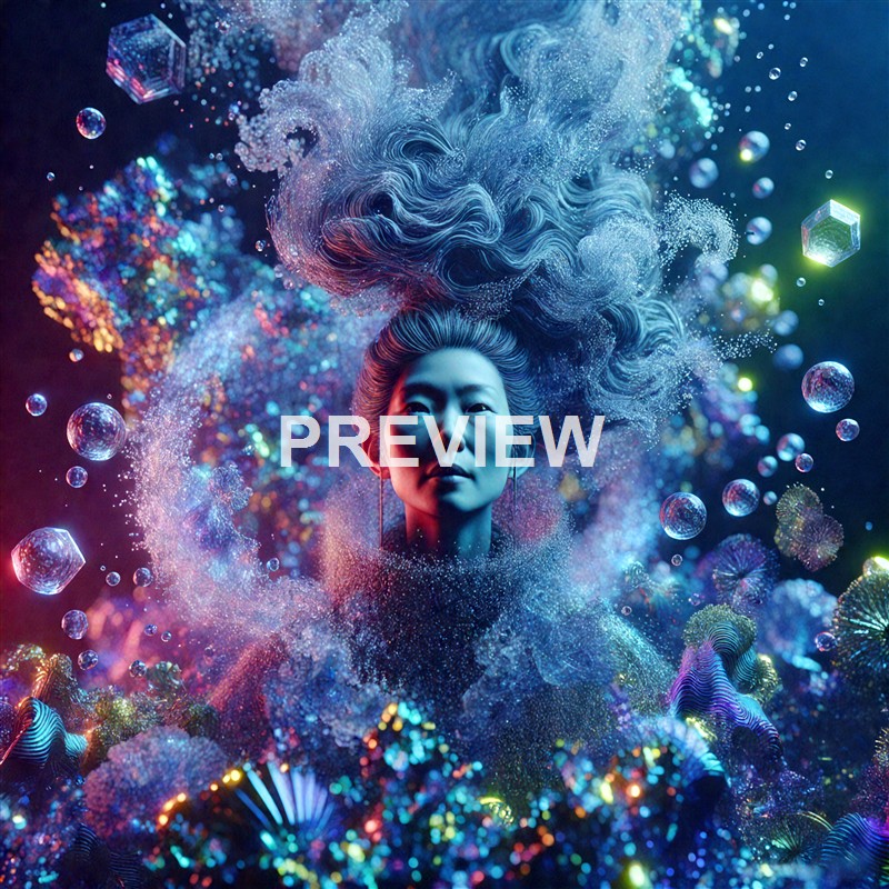 A woman with intricate, flowing hair surrounded by vibrant, glowing particles and geometric shapes in a surreal, cosmic setting.